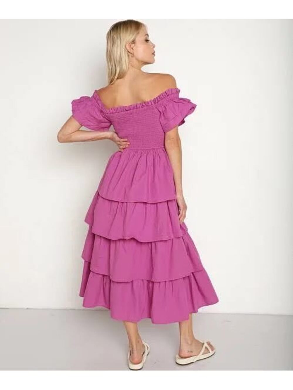 NWOT Cecebella princess glam pink smocked tiered midi dress